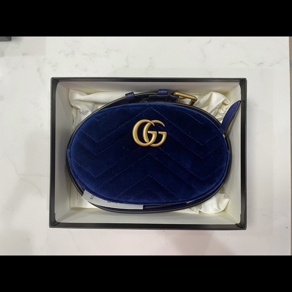 NEW GUCCI Blue Quilted Velvet GG Marmont Waist Belt Bag Fanny Pack Size 85/34 - Picture 2 of 11